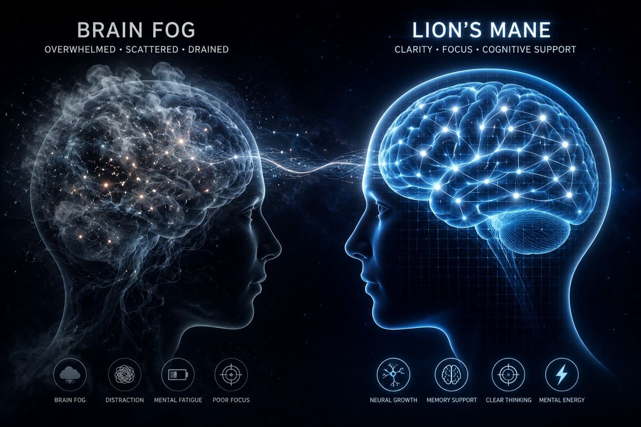 Side-by-side comparison of two human head silhouettes: a foggy, dim brain labeled Brain Fog (overwhelmed, scattered, drained) versus a bright, energized brain labeled Lion's Mane (clarity, focus, cognitive support)